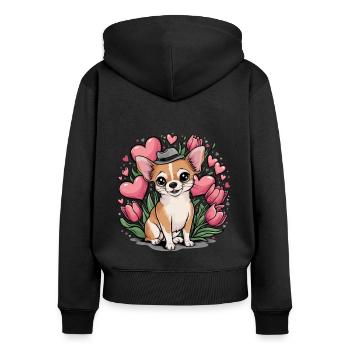 Süßes Tiermotiv mit Chihuahua, Tulpen und Herzen - Frauen Premium Bio Zip Hoodie - Schwarz - Hinten - Julia (174cm)