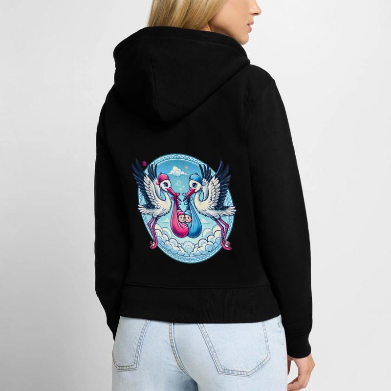 Rosa oder Blauer Storch Baby Bundle Design Frauen Premium Bio Zip Hoodie