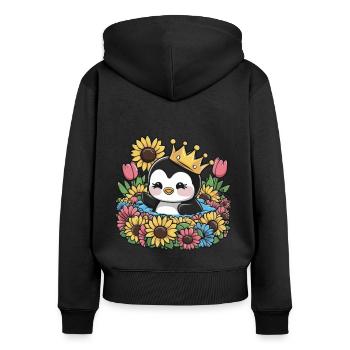 Kawaii Pinguin mit Krone, Tulpen und Sonnenblumen - Frauen Premium Bio Zip Hoodie - Schwarz - Hinten - Julia (174cm)