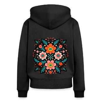 Motif floral Otomi Art culturel - Sweat à capuche zippé Premium bio Femme - noir - Dos - Julia (174cm)