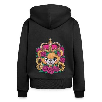 Ours en peluche kawaii avec couronne, roses et tournesols - Sweat à capuche zippé Premium bio Femme - noir - Dos - Julia (174cm)