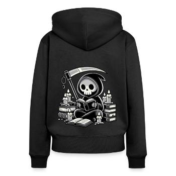 Grim Reaper Bookworm with Scythe - Women's Premium Organic Zip Hoodie - black - Back - Julia (174cm)