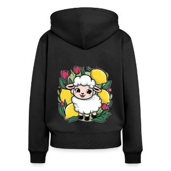 Kawaii Cartoon Schaf mit Zitronen und Tulpen - Frauen Premium Bio Zip Hoodie - Schwarz - Hinten - Julia (174cm)