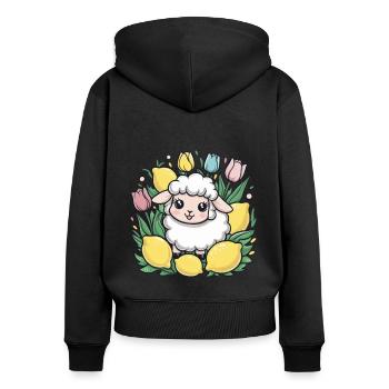 Kawaii Cartoon Schaf mit Zitronen und Tulpen - Frauen Premium Bio Zip Hoodie - Schwarz - Hinten - Julia (174cm)