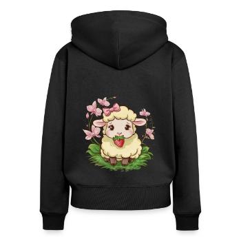 Süßes Kawaii Schaf mit Erdbeeren & Orchideen - Frauen Premium Bio Zip Hoodie - Schwarz - Hinten - Julia (174cm)