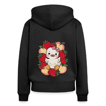 Dessin animé Kawaii Caneton aux pêches, fraises - Sweat à capuche zippé Premium bio Femme - noir - Dos - Julia (174cm)
