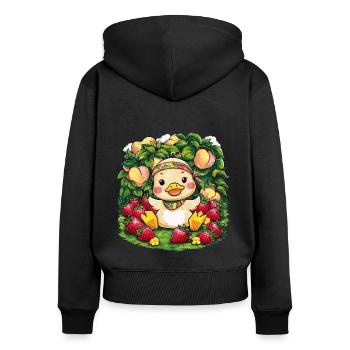 Dessin animé Kawaii Caneton aux pêches, fraises - Sweat à capuche zippé Premium bio Femme - noir - Dos - Julia (174cm)