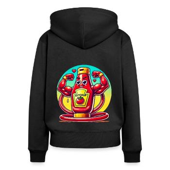 Muskulöse Ketchupflasche biegt sich - Frauen Premium Bio Zip Hoodie - Schwarz - Hinten - Julia (174cm)
