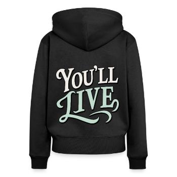 Vous vivrez - Sweat à capuche zippé Premium bio Femme - noir - Dos - Julia (174cm)