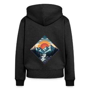 Illustration vintage montagnes par coucher de soleil en forêt - Sweat à capuche zippé Premium bio Femme - noir - Dos - Julia (174cm)