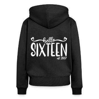 16e anniversaire Femmes Hello Sixteen Est. 2007 - Sweat à capuche zippé Premium bio Femme - noir - Dos - Julia (174cm)