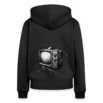 VINTAGE RETRO TV AMIDST INK SPLASH ARTWORK - Women's Premium Organic Zip Hoodie - black - Back - Julia (174cm)