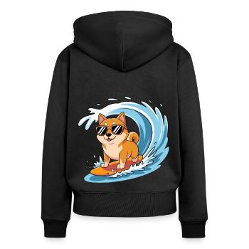Shiba Surfing - Frauen Premium Bio Zip Hoodie - Schwarz - Hinten - Julia (174cm)