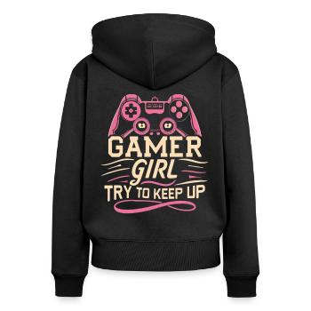 Gamer Girl essaie de suivre - Sweat à capuche zippé Premium bio Femme - noir - Dos - Julia (174cm)