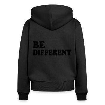 Be different - Frauen Premium Bio Zip Hoodie - Schwarz - Hinten - Julia (174cm)