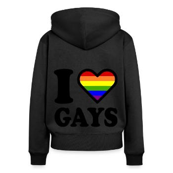I love gays - Sweat à capuche zippé Premium bio Femme - noir - Dos - Julia (174cm)