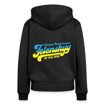 Zelenskyy | Le vrai héros ukrainien - Sweat à capuche zippé Premium bio Femme - noir - Dos - Julia (174cm)