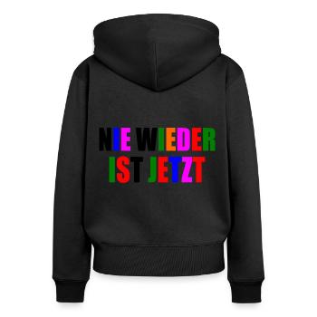Nie wieder ist jetzt - Frauen Premium Bio Zip Hoodie - Schwarz - Hinten - Julia (174cm)