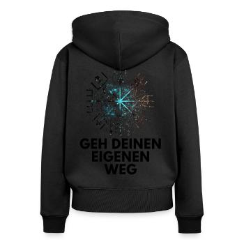 Wegweiser VEGVISIR - Frauen Premium Bio Zip Hoodie - Schwarz - Hinten - Julia (174cm)