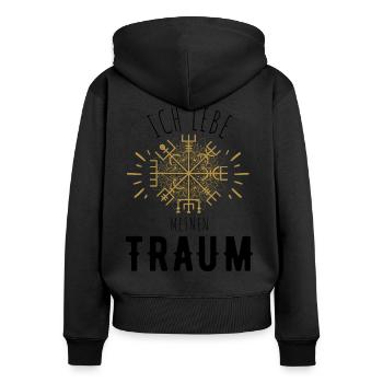 Wegweiser RUNEN Motivation - VEGVISIR - Frauen Premium Bio Zip Hoodie - Schwarz - Hinten - Julia (174cm)