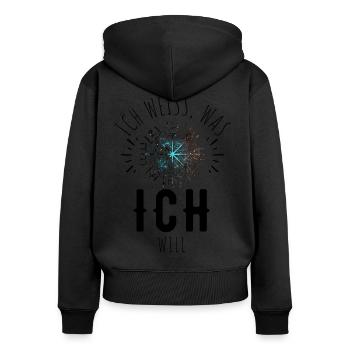 Wegweiser RUNEN Motivation - VEGVISIR - Frauen Premium Bio Zip Hoodie - Schwarz - Hinten - Julia (174cm)
