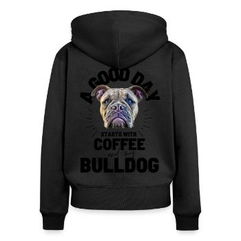 UNE BONNE JOURNÉE COMMENCE avec Coffee & Bulldog - Sweat à capuche zippé Premium bio Femme - noir - Dos - Julia (174cm)