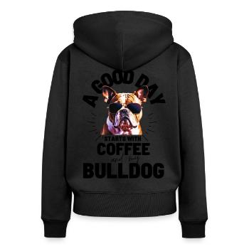 UNE BONNE JOURNÉE COMMENCE avec Coffee & Bulldog - Sweat à capuche zippé Premium bio Femme - noir - Dos - Julia (174cm)