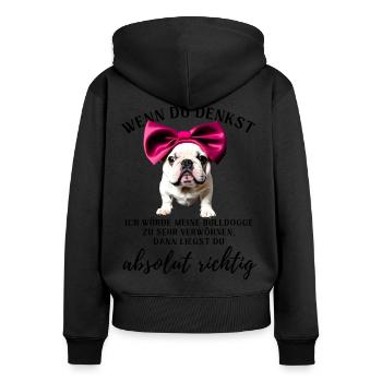 BULLDOGGE VERWÖHNEN Bulldog Bulldogge Bulldoggen - Frauen Premium Bio Zip Hoodie - Schwarz - Hinten - Julia (174cm)