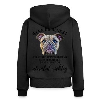 BULLDOGGE VERWÖHNEN Bulldog Bulldogge Bulldoggen - Frauen Premium Bio Zip Hoodie - Schwarz - Hinten - Julia (174cm)
