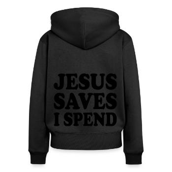 jesus saves i spend - Sweat à capuche zippé Premium bio Femme - noir - Dos - Julia (174cm)