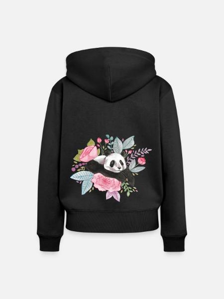Panda med blomster akvarell design gaveide - Premium økologisk hettegenser med glidelås for kvinner - svart