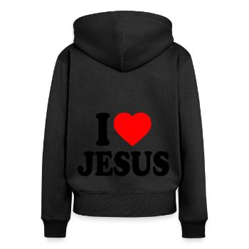 I love jesus - Sweat à capuche zippé Premium bio Femme - noir - Dos - Julia (174cm)