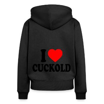 I love cuckold - Sweat à capuche zippé Premium bio Femme - noir - Dos - Julia (174cm)