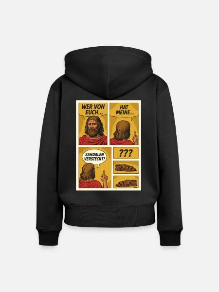 Comic-Jesus sucht Sandalen - Frauen Premium Bio Zip Hoodie - Schwarz