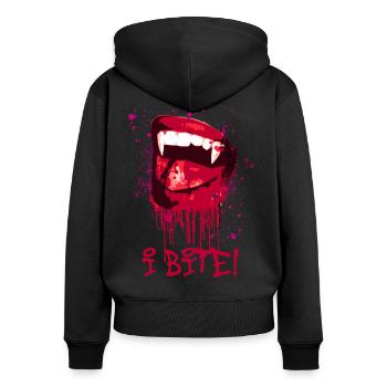 i bite, vampire,vampir,blut,mund, halloween,bite - Frauen Premium Bio Zip Hoodie - Schwarz - Hinten - Julia (174cm)