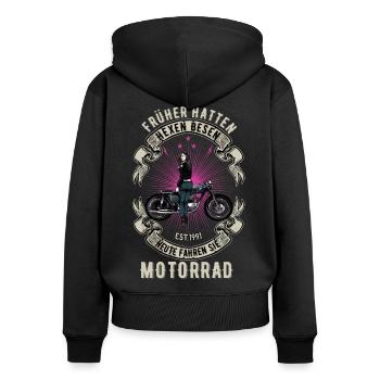 Motorrad Motorradfahrerin Frauenpower Bikerbraut - Frauen Premium Bio Zip Hoodie - Schwarz - Hinten - Julia (174cm)