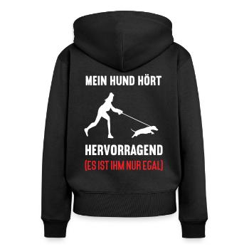 Mein Hund Hört aufs Wort Dackel Dachshund Teckel - Frauen Premium Bio Zip Hoodie - Schwarz - Hinten - Julia (174cm)