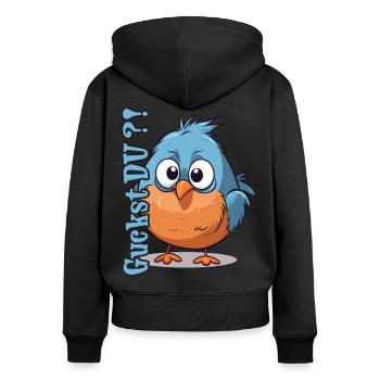 Vogel Lustig Spruch Bird - Guckst Du? - Frauen Premium Bio Zip Hoodie - Schwarz - Hinten - Julia (174cm)
