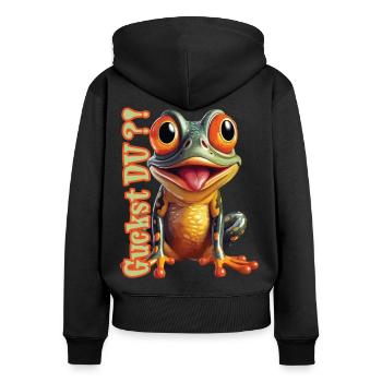 Tier Lustig Spruch Frosch Frog - Guckst Du? - Frauen Premium Bio Zip Hoodie - Schwarz - Hinten - Julia (174cm)