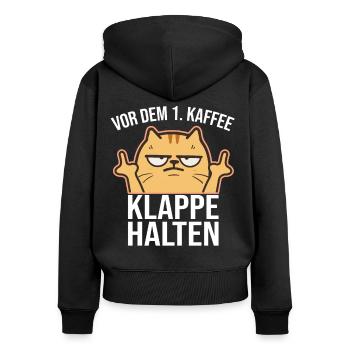 Vor dem 1. Kaffee Klappe halten lustige Katze - Frauen Premium Bio Zip Hoodie - Schwarz - Hinten - Julia (174cm)