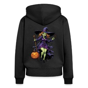 Halloween - Hexe mit Besen Grusel mit Kürbis - Frauen Premium Bio Zip Hoodie - Schwarz - Hinten - Julia (174cm)