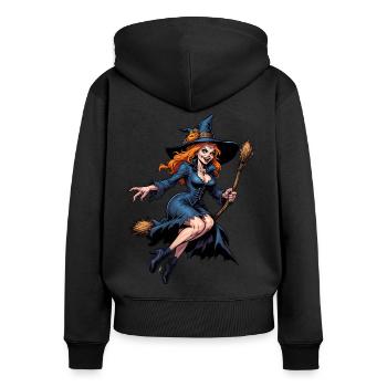 Halloween - Hexe mit Besen Grusel mit Kürbis - Frauen Premium Bio Zip Hoodie - Schwarz - Hinten - Julia (174cm)