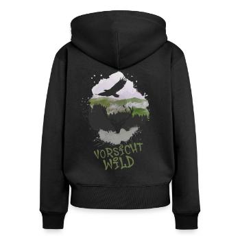 Vorsicht Wild,Hirsch, Geweih, hirschgeweih, natur - Frauen Premium Bio Zip Hoodie - Schwarz - Hinten - Julia (174cm)