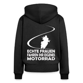 Echte Frauen fahren ihr eigenes Motorrad Bikerin - Frauen Premium Bio Zip Hoodie - Schwarz - Hinten - Julia (174cm)