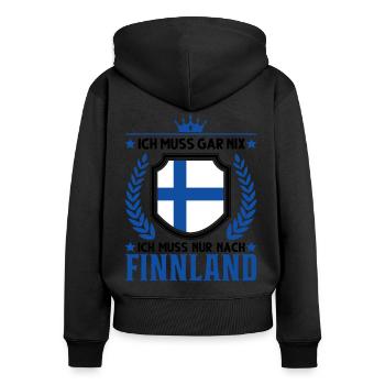 Ich muss gar nix Ich muss nur nach Finnland - Frauen Premium Bio Zip Hoodie - Schwarz - Hinten - Julia (174cm)