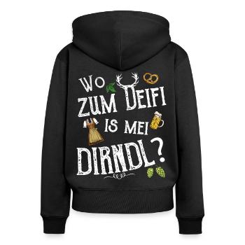 Wo zum Deifi is mei Dirndl Ersatz Tracht Wiesn - Frauen Premium Bio Zip Hoodie - Schwarz - Hinten - Julia (174cm)