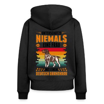Deutsch Drahthaar Frau German Wirehaired - Frauen Premium Bio Zip Hoodie - Schwarz - Hinten - Julia (174cm)