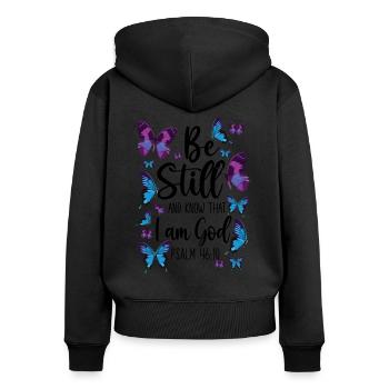 Citation de verset biblique chrétien - Sweat à capuche zippé Premium bio Femme - noir - Dos - Julia (174cm)