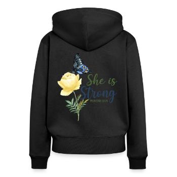 Christian Bible Verse Butterfly - Frauen Premium Bio Zip Hoodie - Schwarz - Hinten - Julia (174cm)