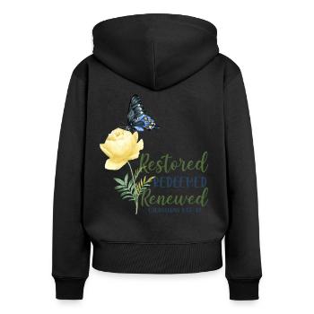 Christian Bible Verse Butterfly - Frauen Premium Bio Zip Hoodie - Schwarz - Hinten - Julia (174cm)